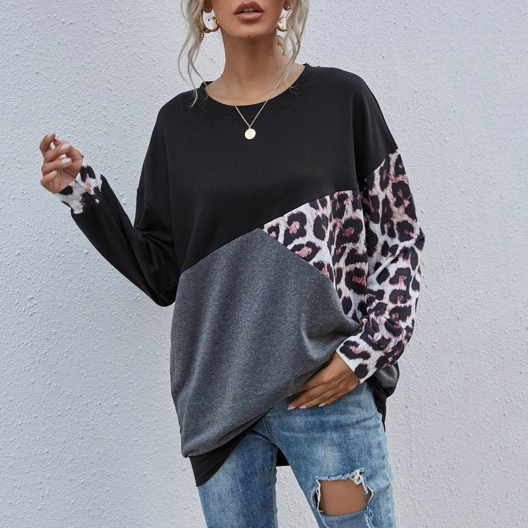 Leopard Print Colorblock Drop Shoulder Sweatshirt Image 4