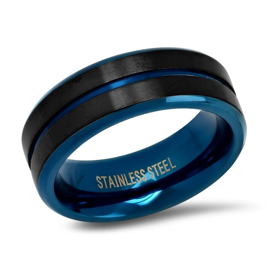 Mens Two Tone Black and Blue IP Stainless Steel Band Ring Image 1