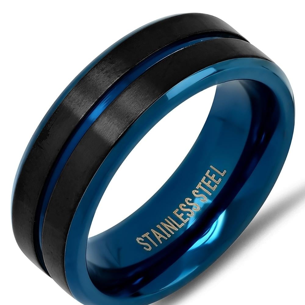 Mens Two Tone Black and Blue IP Stainless Steel Band Ring Image 2