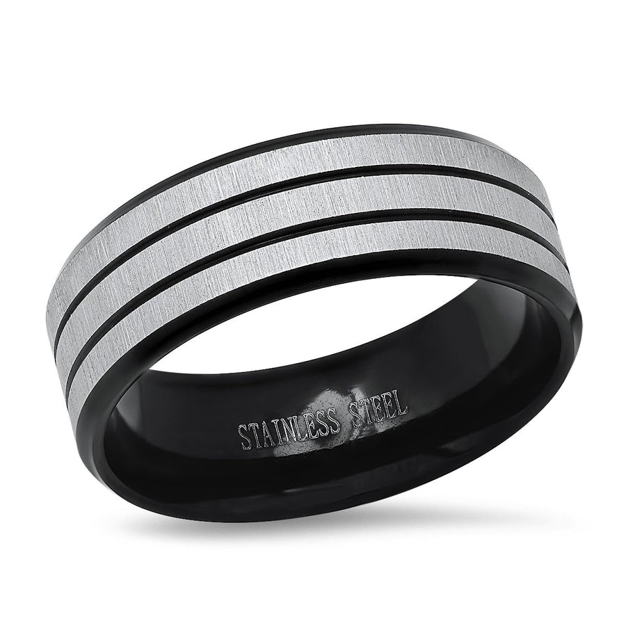 Mens Two Tone Black IP and Stainless Steel Band Ring Image 1