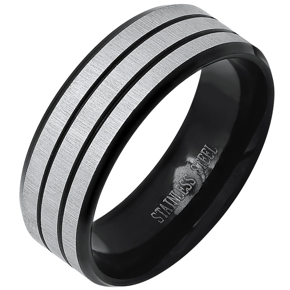 Mens Two Tone Black IP and Stainless Steel Band Ring Image 2