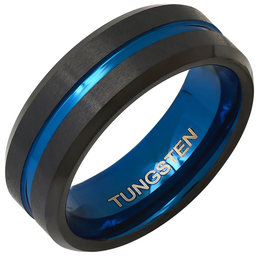 Mens Two Tone Blue and Black IP Tungsten Band Ring Image 1