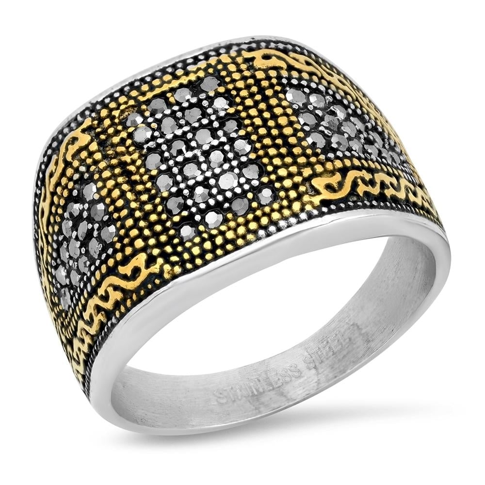 Mens Two Tone Stainless Steel And 18k Gold With Simulated Diamonds Ring Image 1