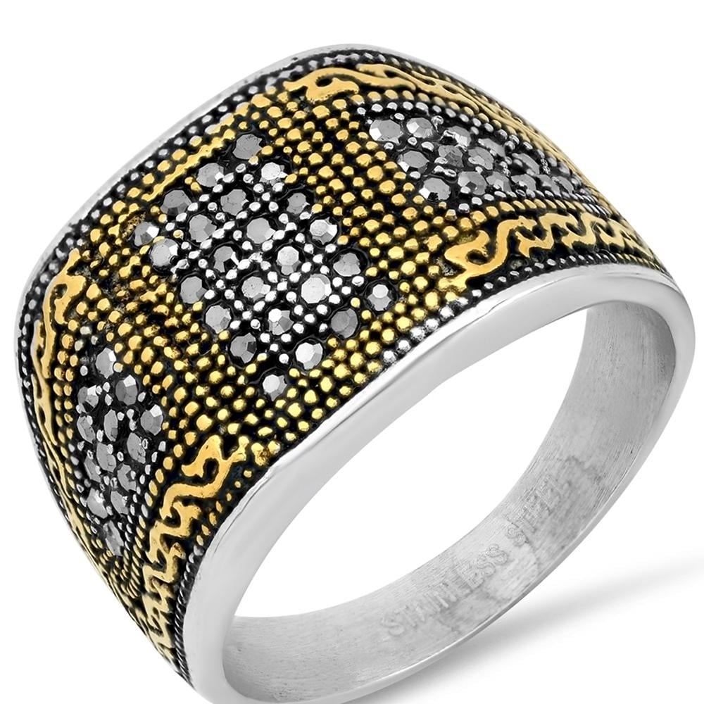 Mens Two Tone Stainless Steel And 18k Gold With Simulated Diamonds Ring Image 2