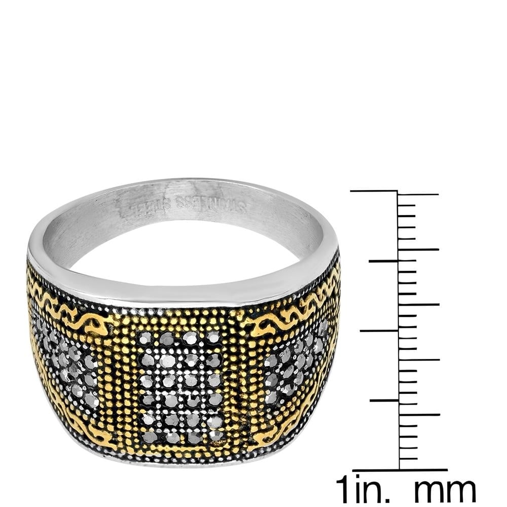 Mens Two Tone Stainless Steel And 18k Gold With Simulated Diamonds Ring Image 3