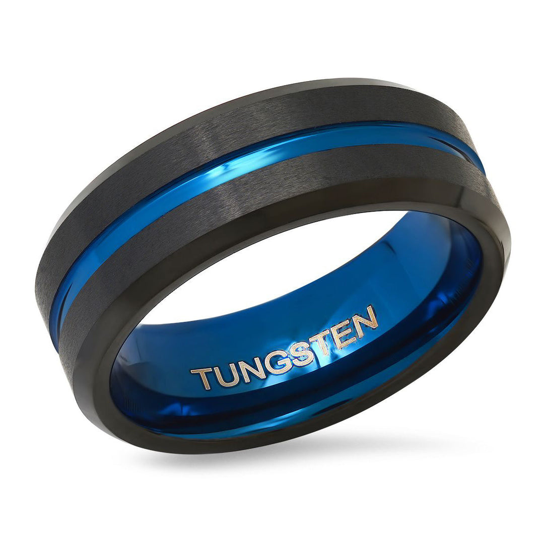 Mens Two Tone Blue and Black IP Tungsten Band Ring Image 2