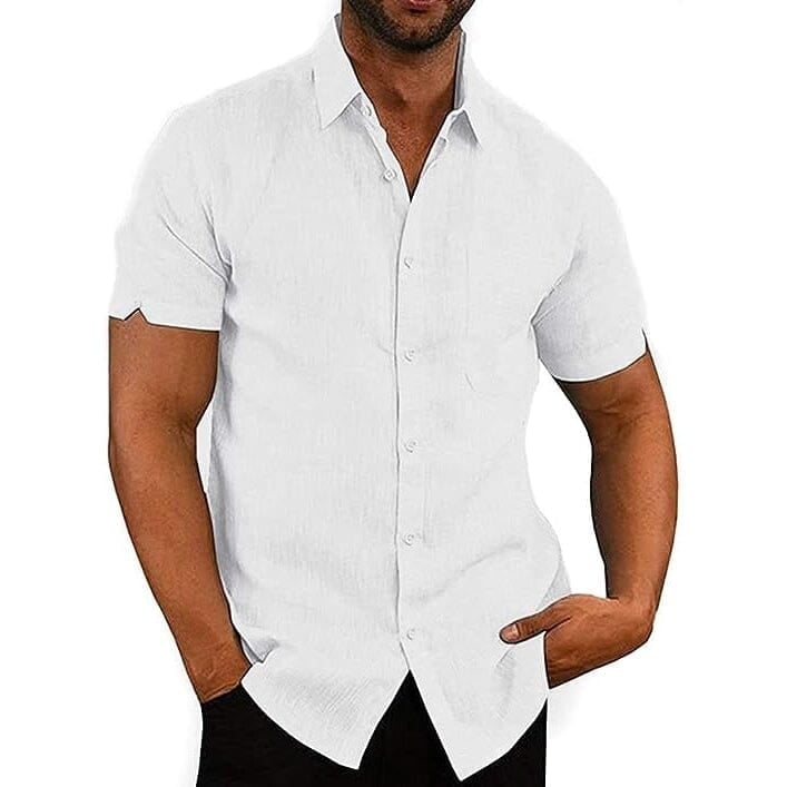 Mens Button Down Short Sleeve Linen Shirts Image 1