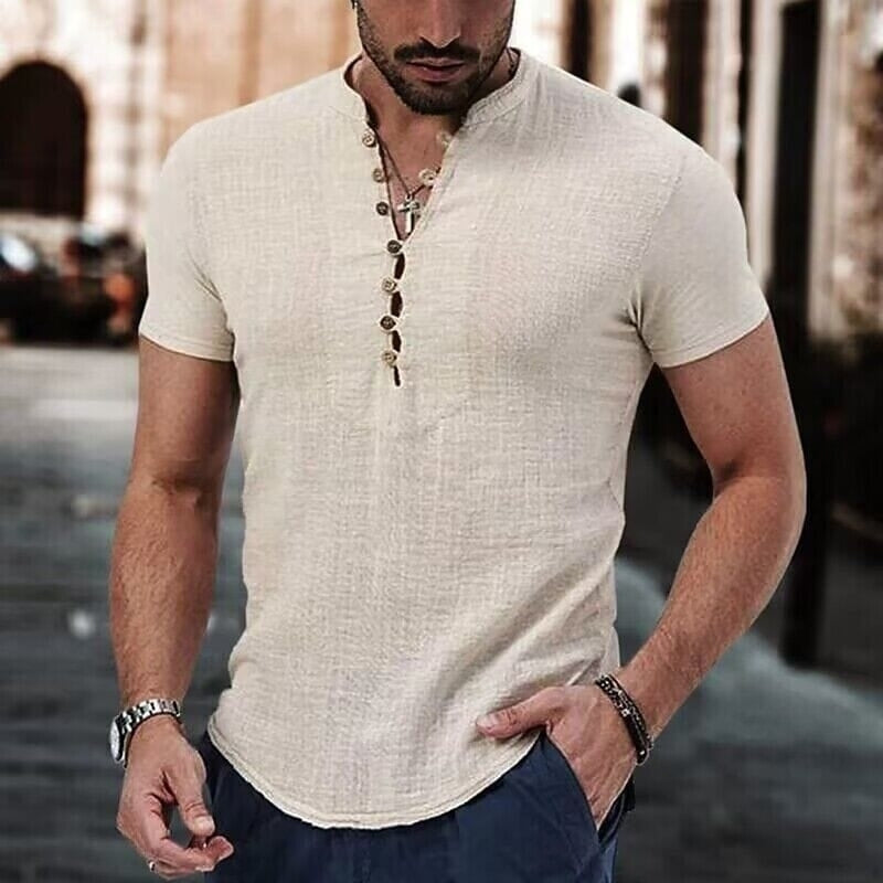 Mens Popover Shirt Short Sleeve Plain V Neck Image 1