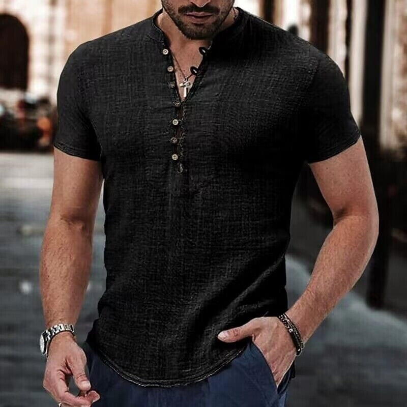 Mens Popover Shirt Short Sleeve Plain V Neck Image 2