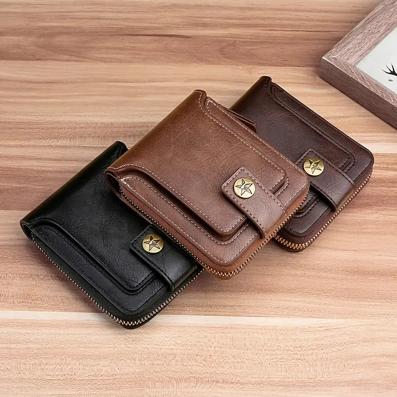 Mens PU Leather Solid Color Business Wallet Card Holder With Zipper and Button Image 1