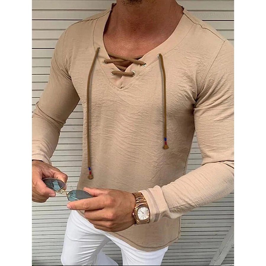 Mens Solid V Neck Long Sleeved Cotton Linen Shirt Image 1