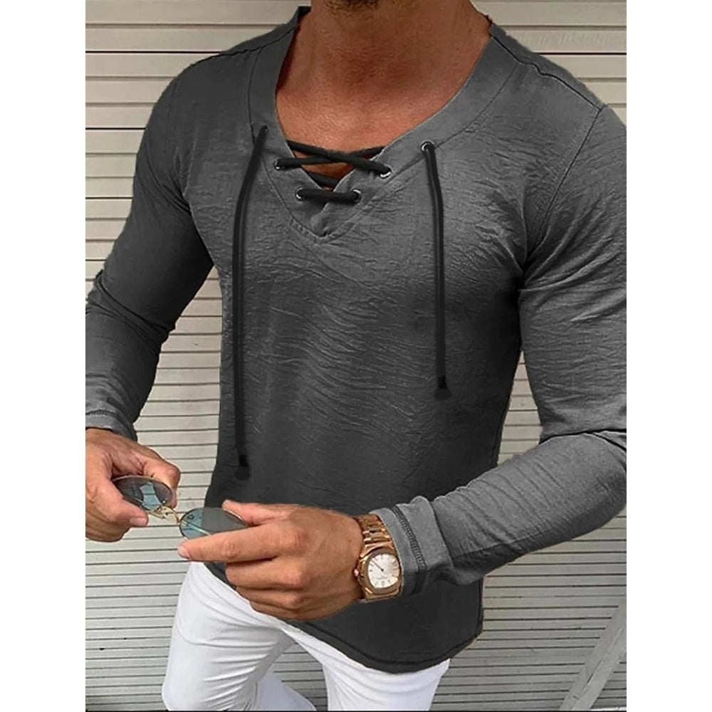 Mens Solid V Neck Long Sleeved Cotton Linen Shirt Image 2