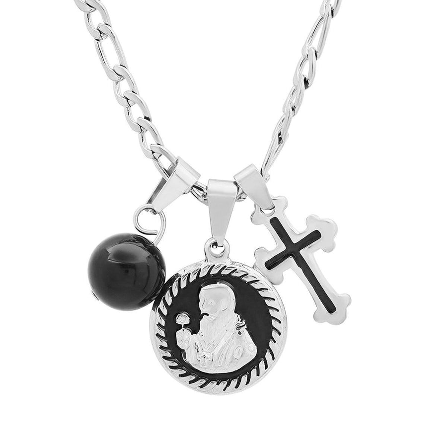 Mens Stainless Steel and Black Enamel St. Benedict Black Ball and Cross Charm Pendant Image 1