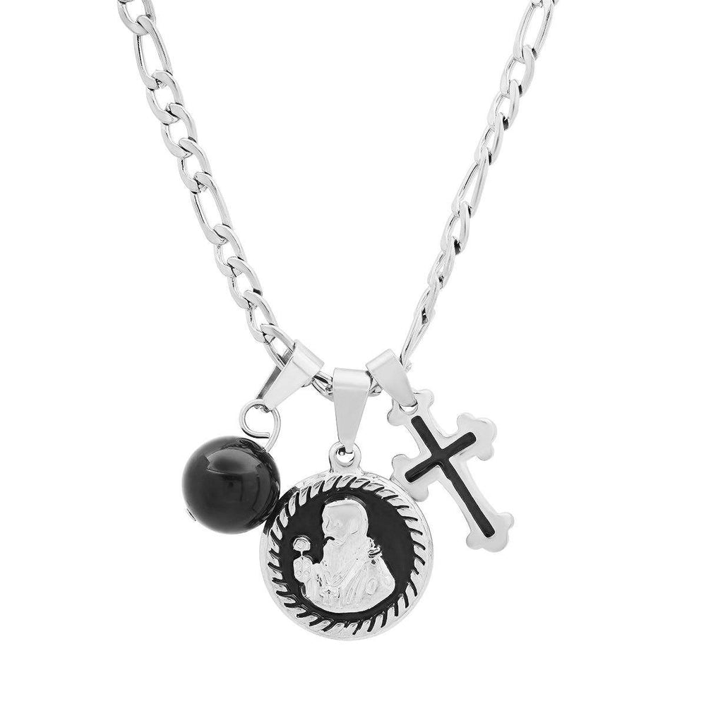 Mens Stainless Steel and Black Enamel St. Benedict Black Ball and Cross Charm Pendant Image 2