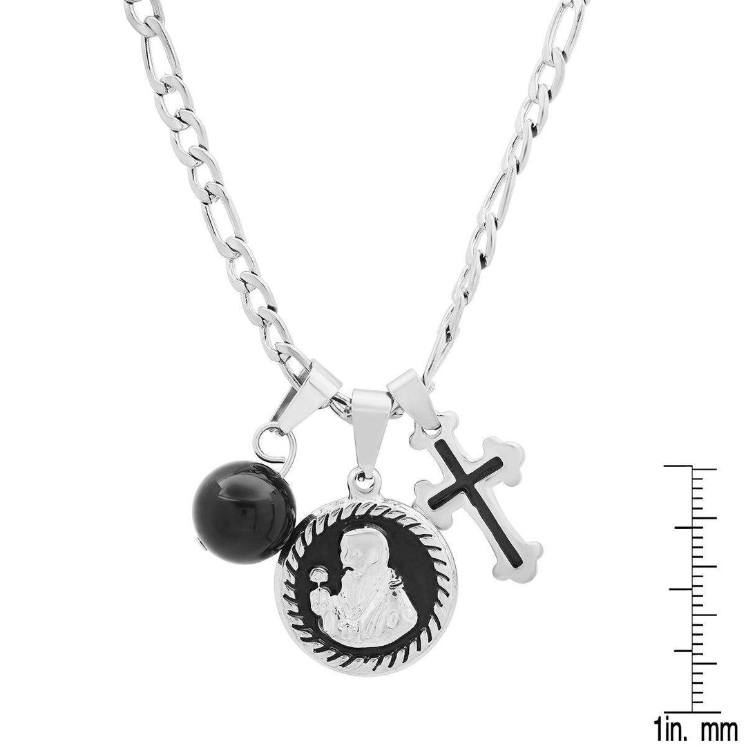 Mens Stainless Steel and Black Enamel St. Benedict Black Ball and Cross Charm Pendant Image 3