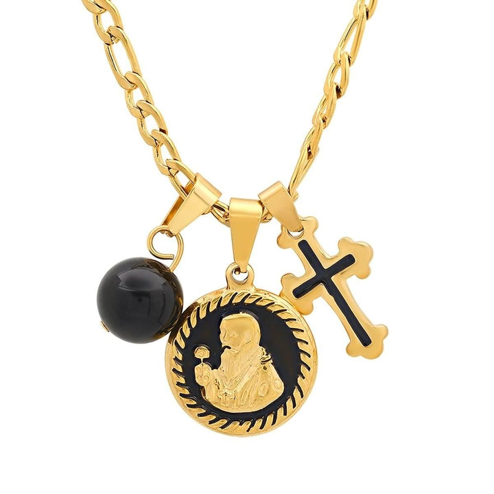 Mens Stainless Steel and Black Enamel St. Benedict Black Ball and Cross Charm Pendant Image 4