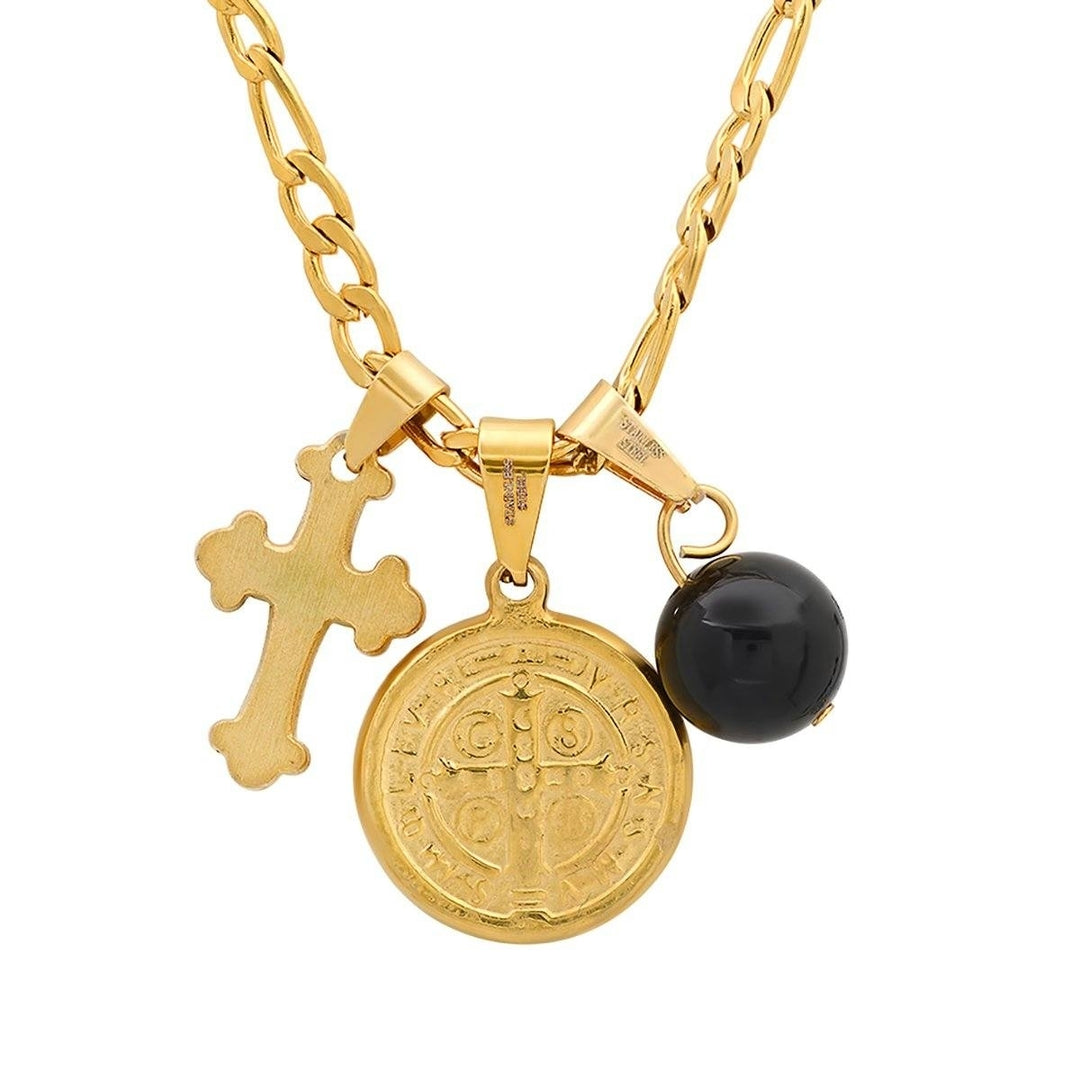 Mens Stainless Steel and Black Enamel St. Benedict Black Ball and Cross Charm Pendant Image 7