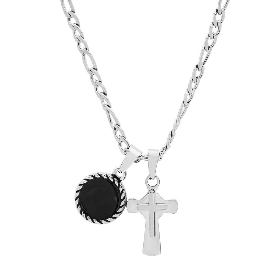 Mens Stainless Steel Cross and Round Black Enamel Pendant Image 1