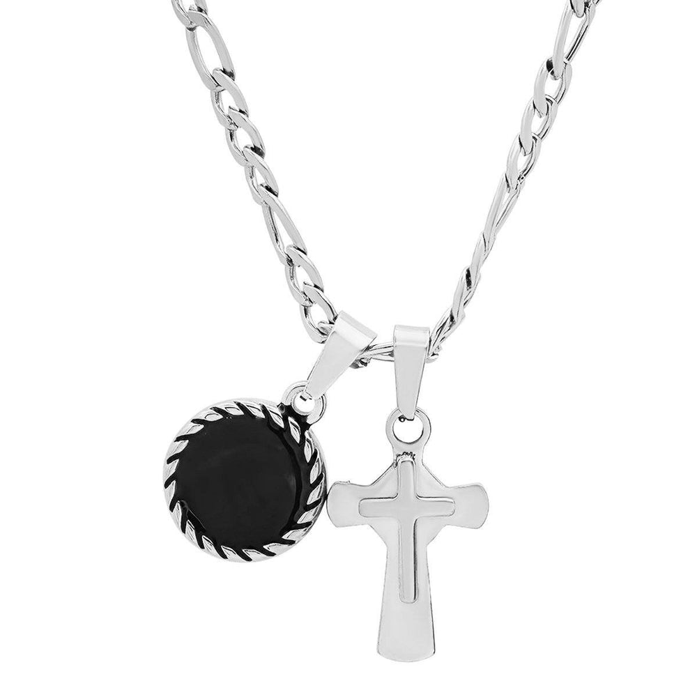 Mens Stainless Steel Cross and Round Black Enamel Pendant Image 2