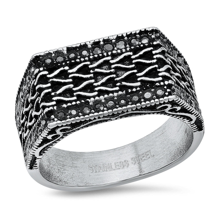 Mens Stainless Steel Simulated Black Diamonds Rectangle Ring Image 1