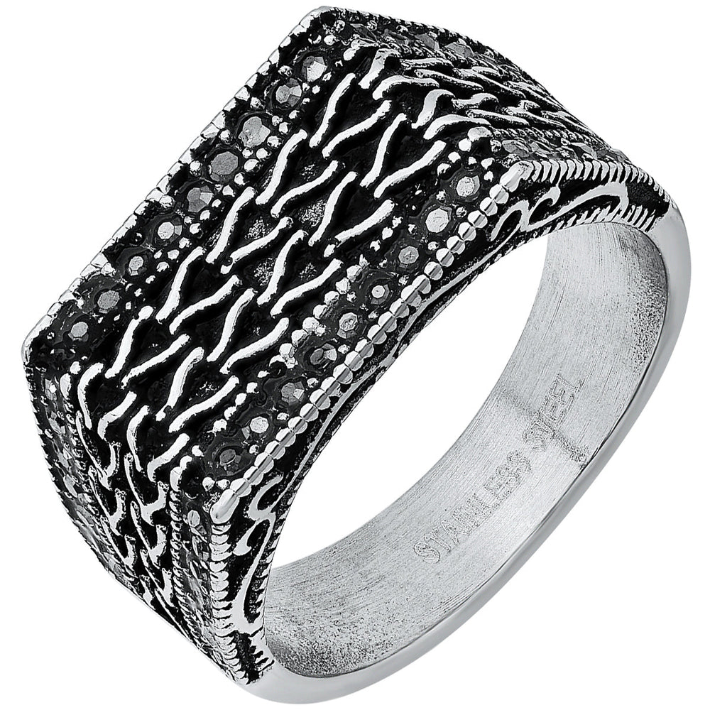 Mens Stainless Steel Simulated Black Diamonds Rectangle Ring Image 2