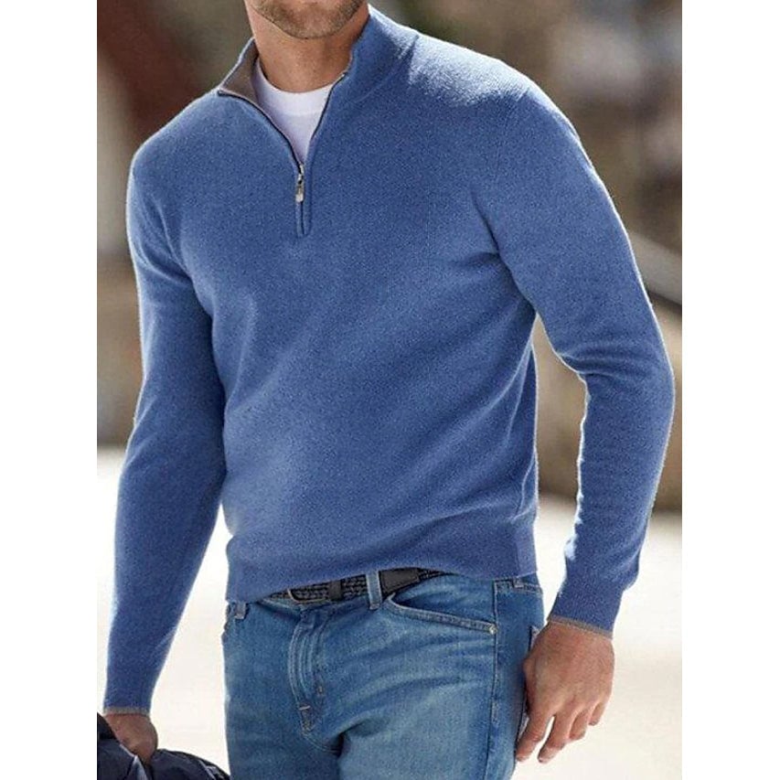 Mens Sweater Jumper Pullover Ribbed Knit Cropped Zipper Knitted Solid Color Image 2