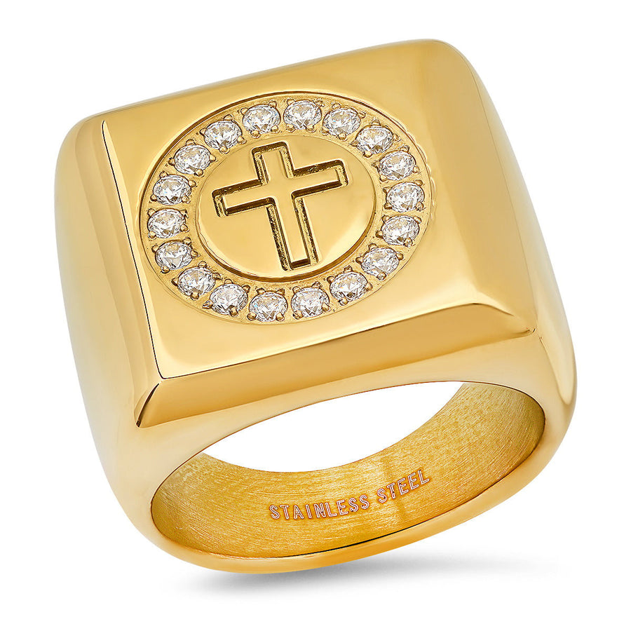 Mens 18k Gold Plated Stainless Steel and Simulated Diamonds Square Cross Ring Image 1