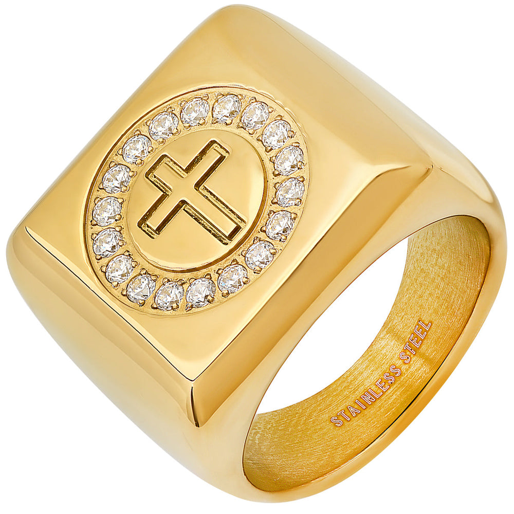 Mens 18k Gold Plated Stainless Steel and Simulated Diamonds Square Cross Ring Image 2