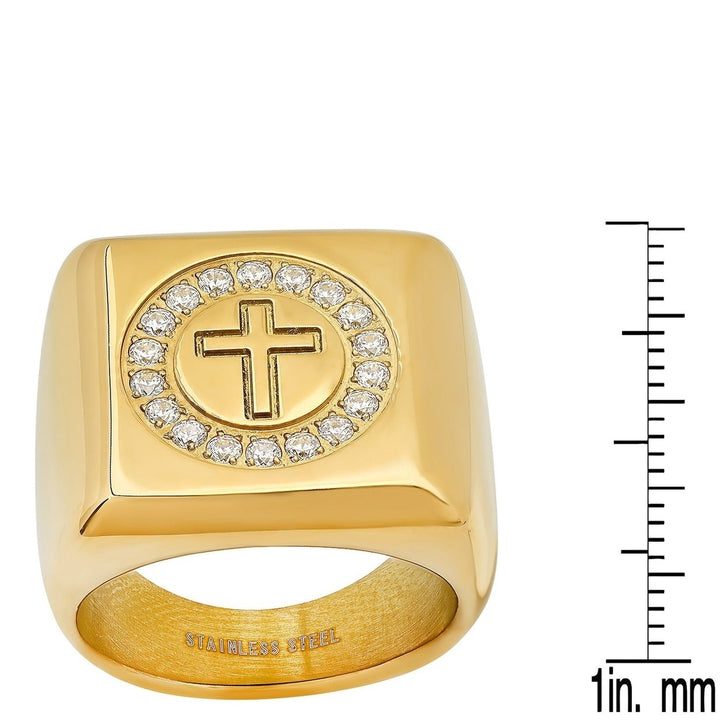 Mens 18k Gold Plated Stainless Steel and Simulated Diamonds Square Cross Ring Image 3