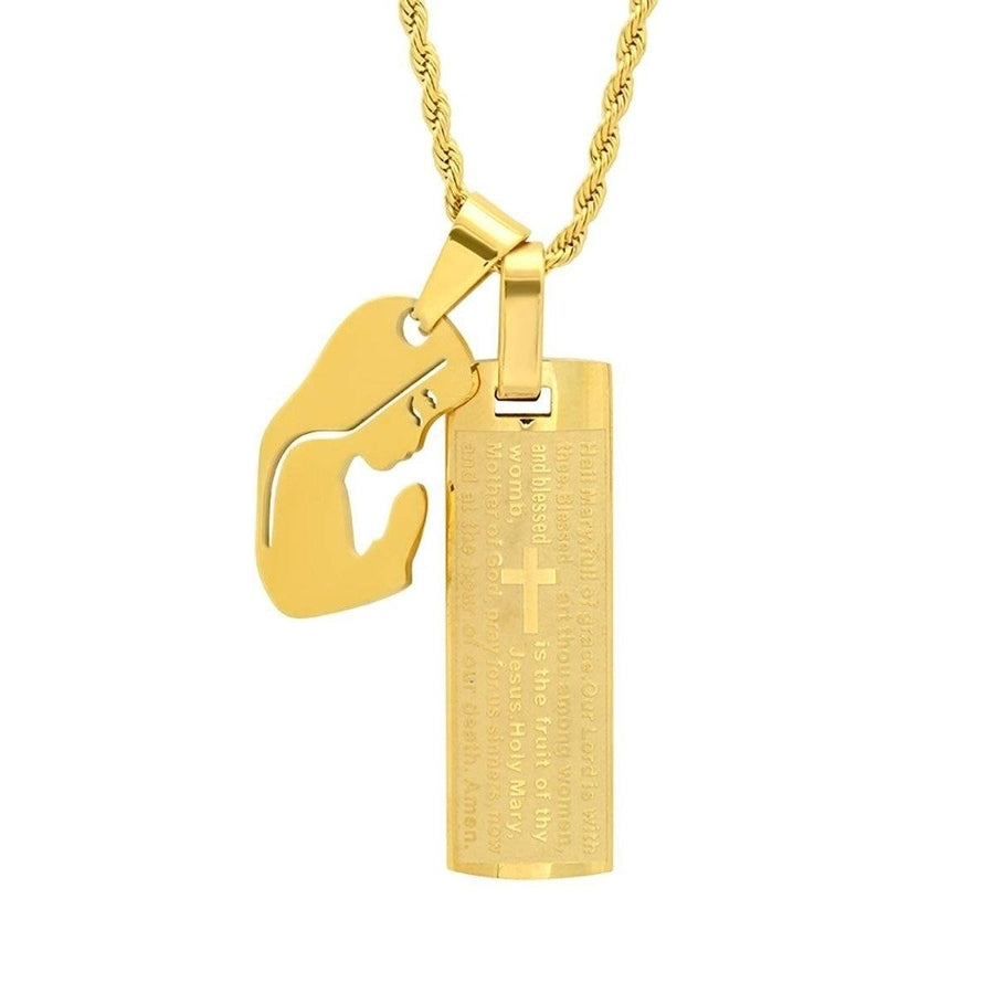 Mens 18K Gold Plated Stainless Steel Dog Tag Our Father English Prayer and Hail Mary Pendant Image 1