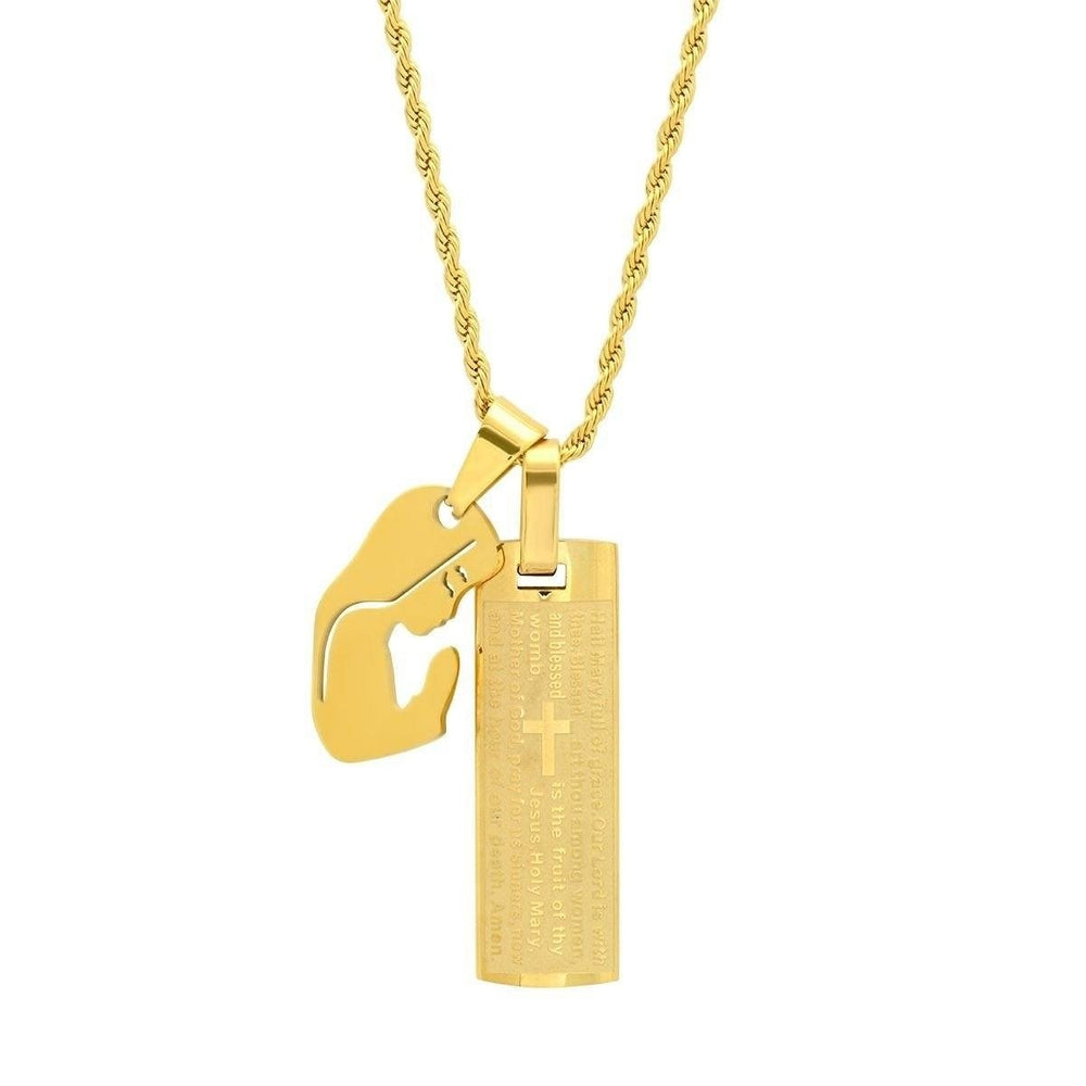 Mens 18K Gold Plated Stainless Steel Dog Tag Our Father English Prayer and Hail Mary Pendant Image 2