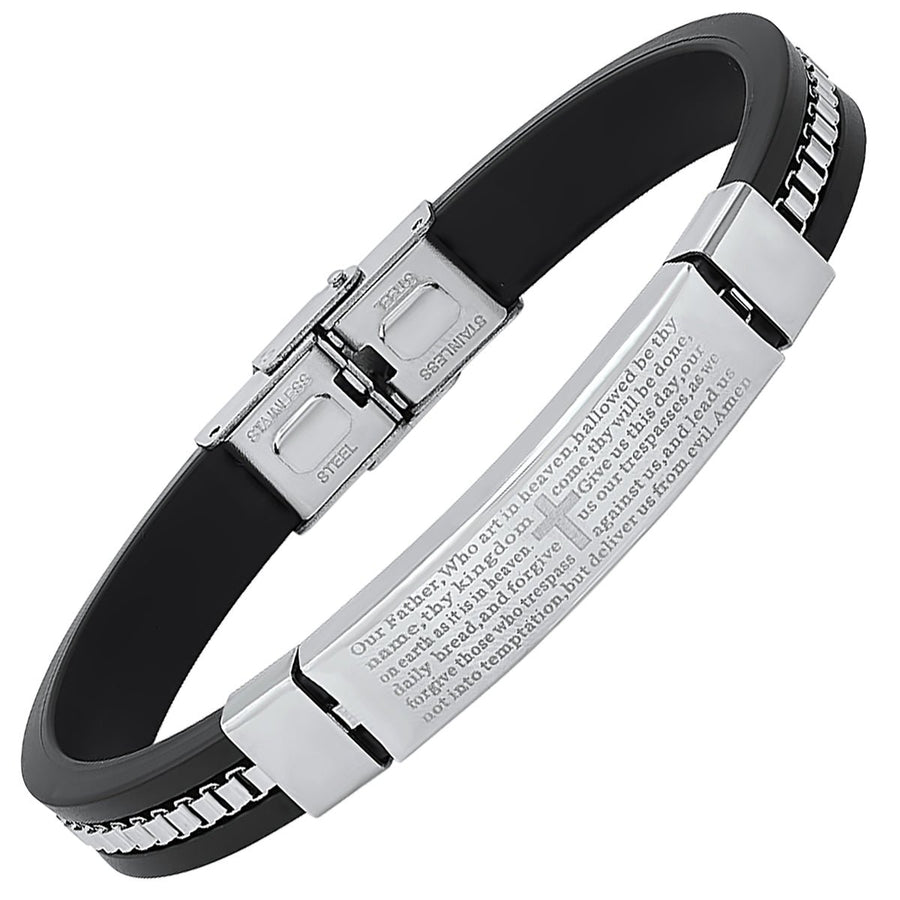 Mens Black Rubber and Stainless Steel Box Inlay Chain Our Father Prayer Bracelet Image 1