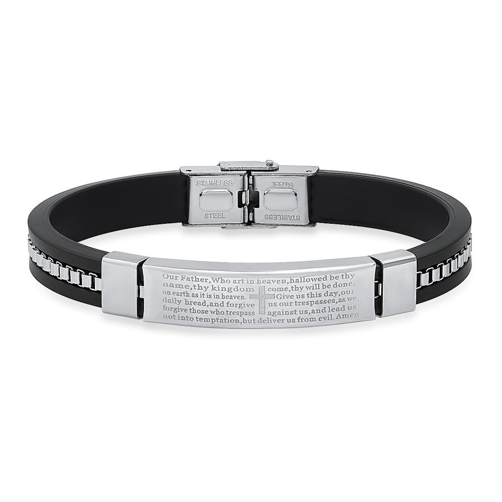 Mens Black Rubber and Stainless Steel Box Inlay Chain Our Father Prayer Bracelet Image 2