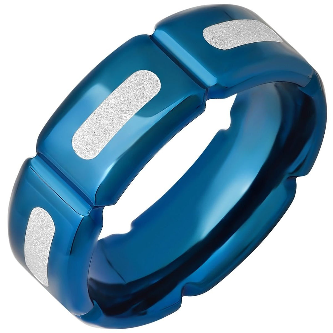 Mens Blue IP Stainless Steel and White Silver Glittery Film Band Ring Image 1