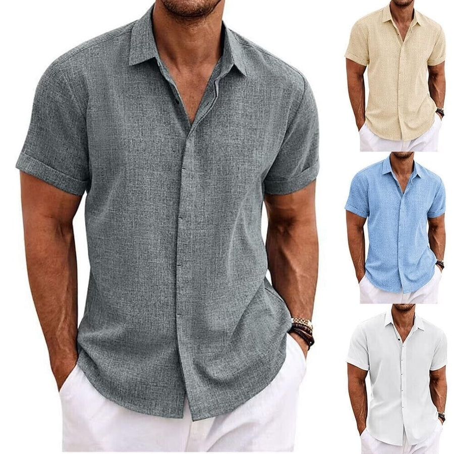 Mens Button Down Shirt Short Sleeve Plain Lapel Image 1