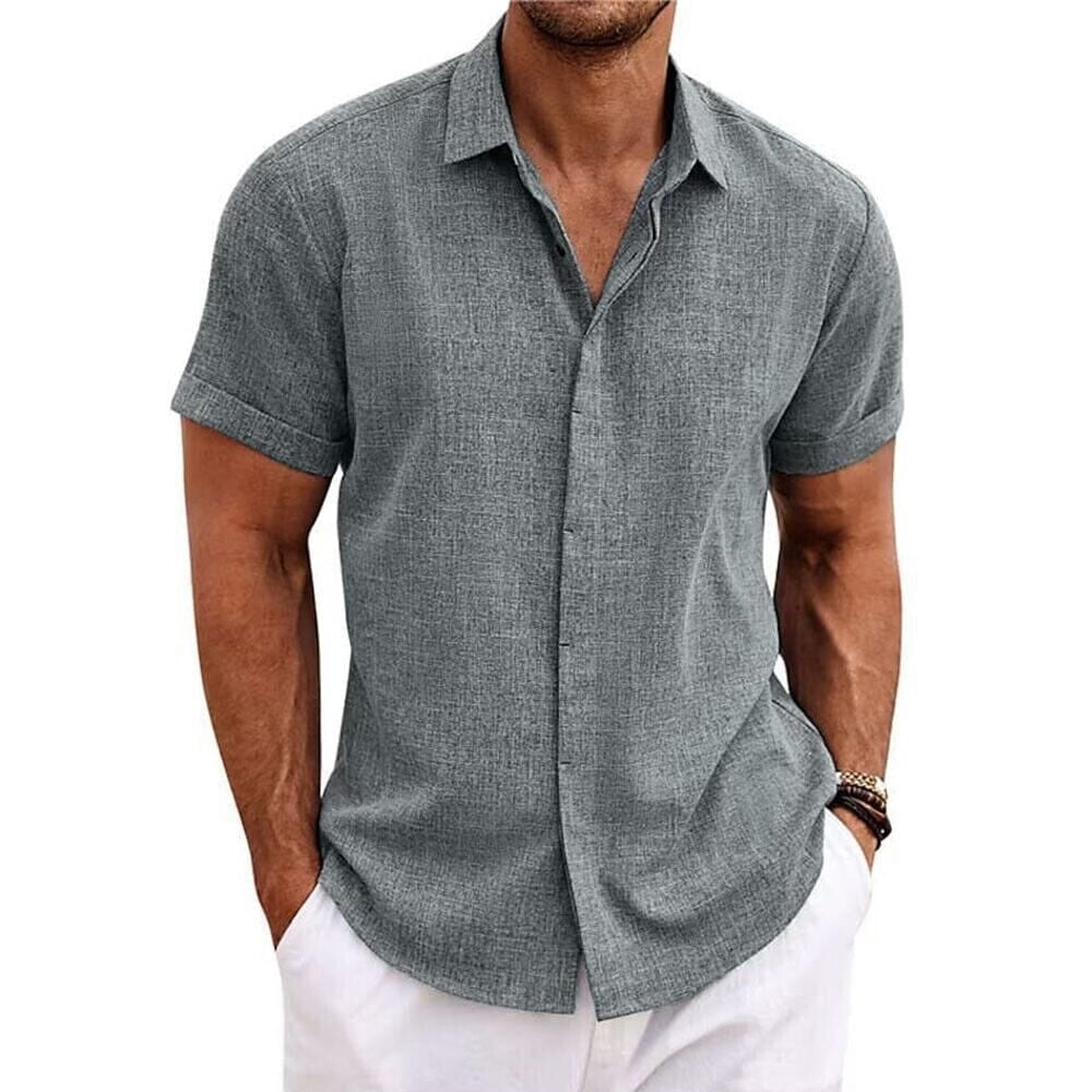 Mens Button Down Shirt Short Sleeve Plain Lapel Image 2