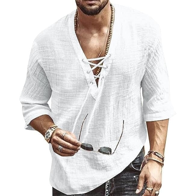 Mens Fashion Shirt Short Sleeve Beach V-Neck Drawstring Image 1