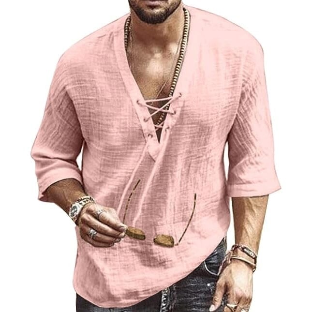 Mens Fashion Shirt Short Sleeve Beach V-Neck Drawstring Image 2