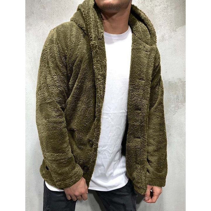 Mens Fuzzy Sherpa Hooded Solid Coat Image 1