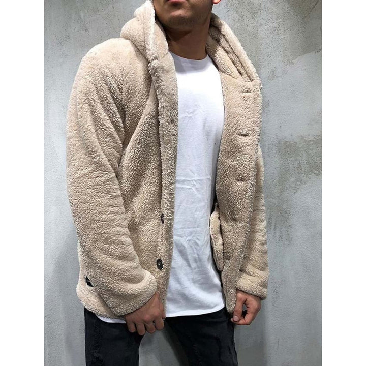 Mens Fuzzy Sherpa Hooded Solid Coat Image 4