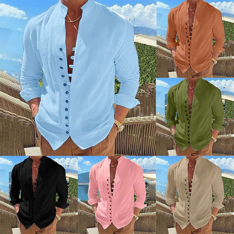 Mens Linen Button Up Shirt Long Sleeve Plain Band Collar Image 1