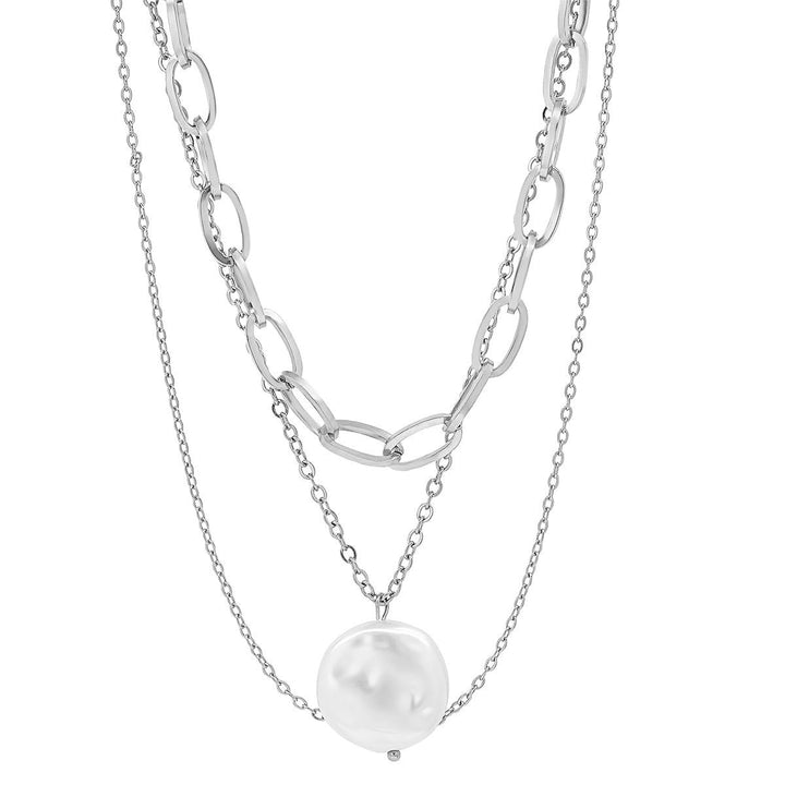 Multi Row Chain Necklace with Pearl Charm Image 1