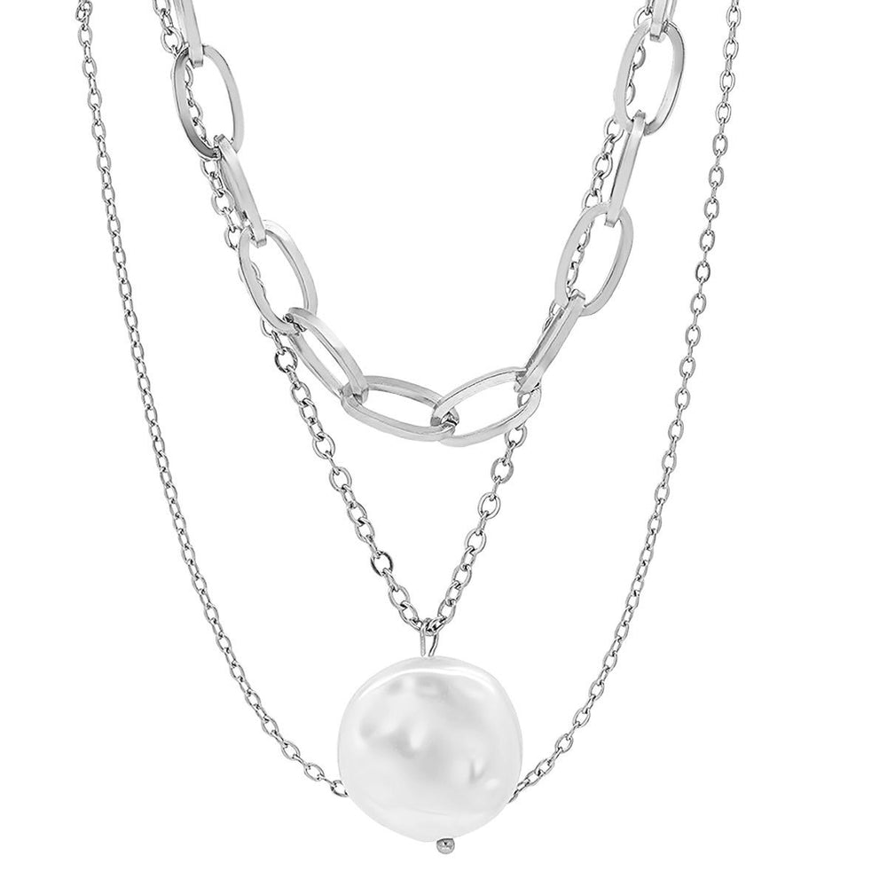 Multi Row Chain Necklace with Pearl Charm Image 2