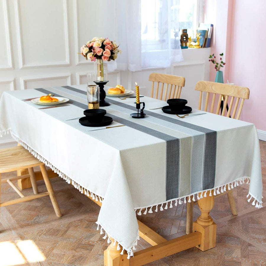 Patchwork Fringed Linen Tablecloth Image 1