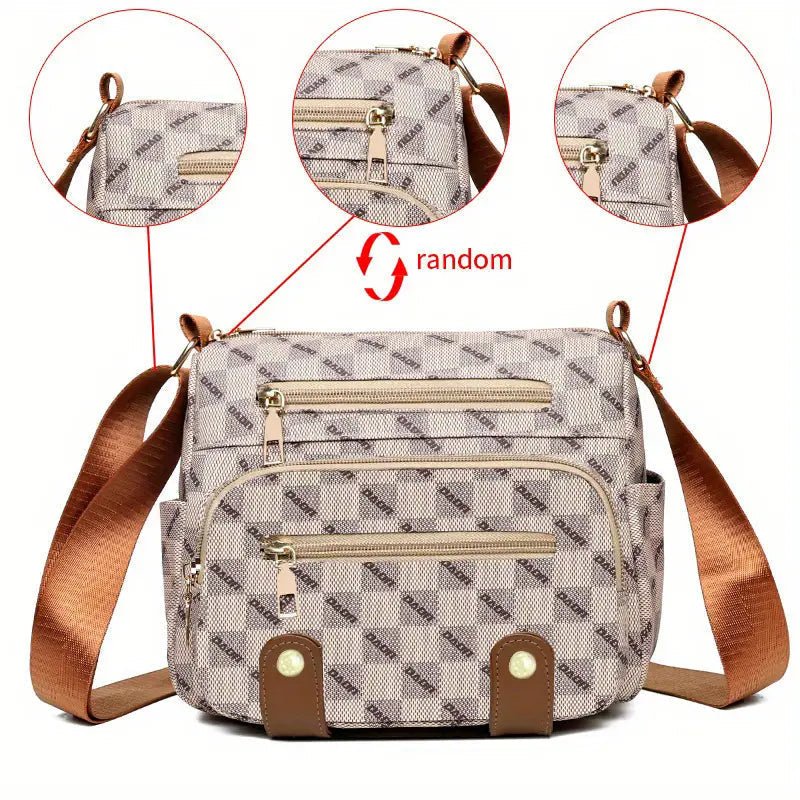 Plaid Pattern Crossbody Bag Womens Multi Pockets Purse Studded Decor Faux Leather Shoulder Bag Image 4