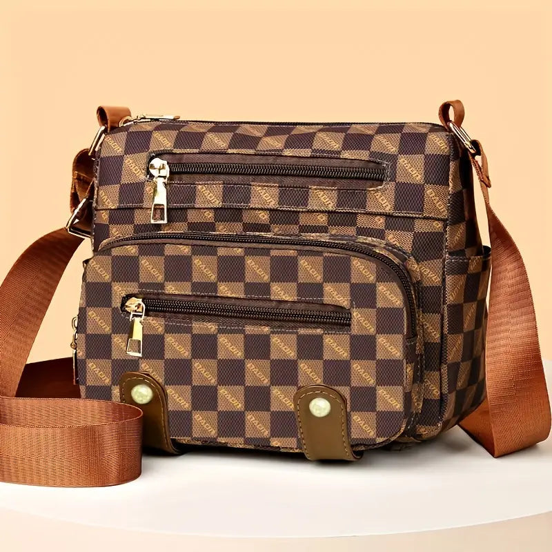 Plaid Pattern Crossbody Bag Womens Multi Pockets Purse Studded Decor Faux Leather Shoulder Bag Image 7