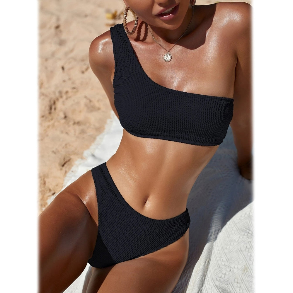 Plain One Shoulder Bikini Swimsuit Image 2