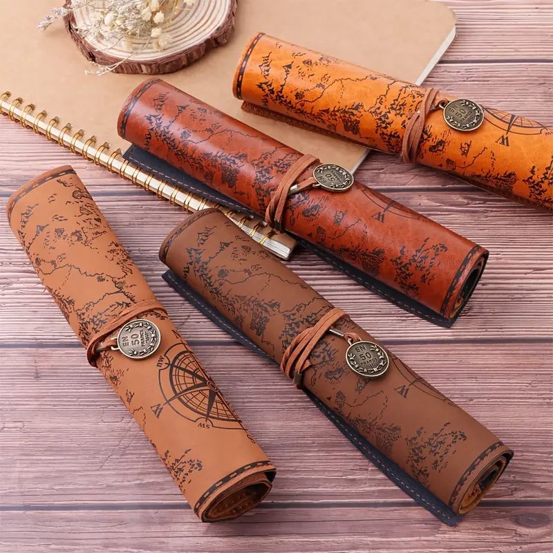 PU Leather Rollup Pen Bag Vintage Creative Map Pencil Case Image 1