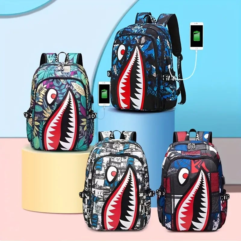 Shark Patterned Nylon Student Backpack Image 1