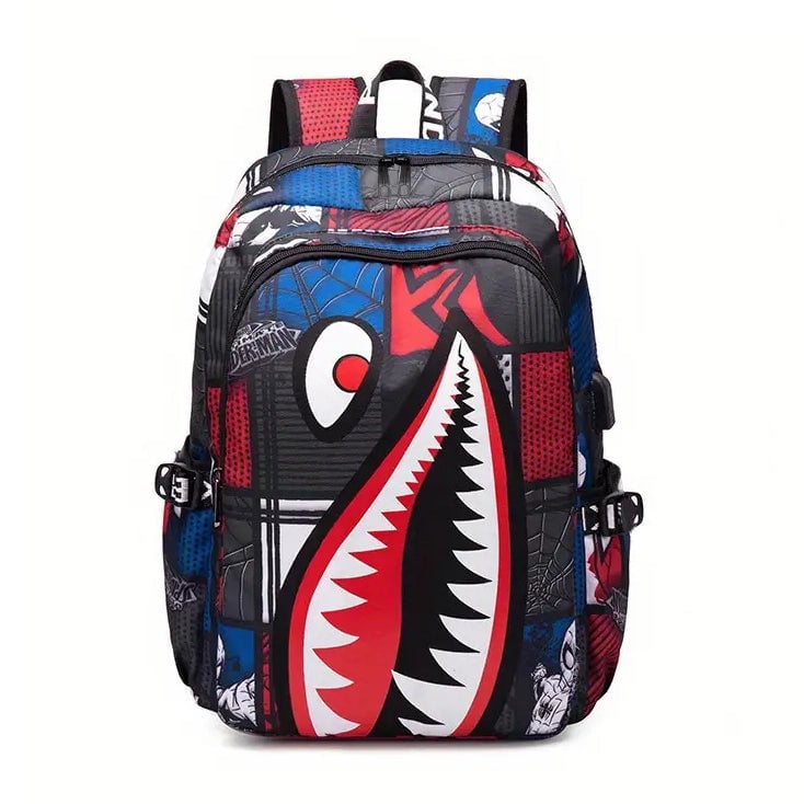 Shark Patterned Nylon Student Backpack Image 2